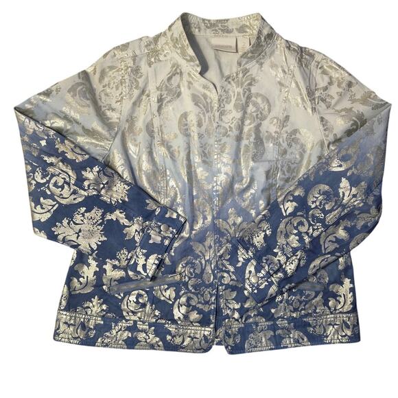 Chico's Jackets & Blazers - Chico's Foil‎ Print Open Front Jacket Size 2/L Blue to White Ombre Zip Pockets